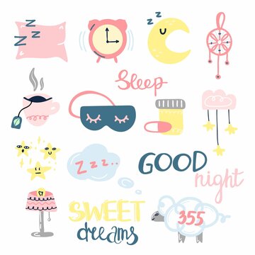 Sleep and insomnia doodle set. Cute emblems in pastel colors pillow, moon and stars, eyemask and alarm with hand drawn lettering phrase, bedtime stickers and print vector cartoon collection