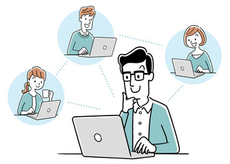 ベクターイラスト素材：オンラインミーティング、ウェブ会議、リモート、テレワーク、イメージ
