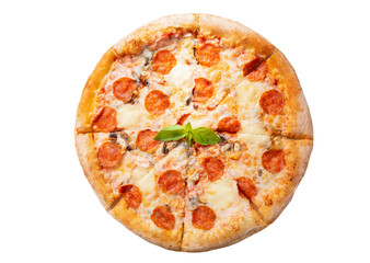 pizza with mozzarella cheese and pepperoni isolated on white background