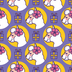 Cartoonish head llamas with presents and flowers. The seamless pattern in a vector illustration.  This print, texture is good for kid designs, bags, cloth, t-shirts, birthday party, etc