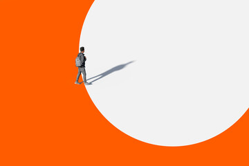 Young Man, Holding Back Pack, Walking In Colorful Space, Illustration. Unrecognisable, Created In 3d Software. 3d Rendering.