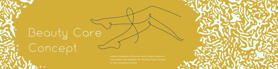 Beauty studio banner in trendy golden hue. Vector emblem design template minimalistic linear style. Abstract animal seamless pattern. Panoramic gold banner for cosmetic label. Woman body silhouette.