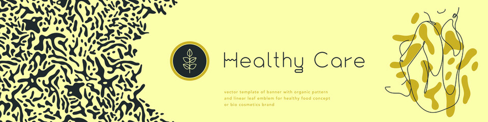 Beauty studio banner in trendy yellow hue. Vector emblem design template minimalistic linear style. Abstract animal seamless pattern. Panoramic banner for cosmetic label. Woman body silhouette.