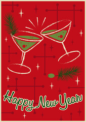 2021 Happy New Year Greeting Card, Mid Century Modern Season's Greetings Stylization, Cocktails and Christmas Tree Branches 