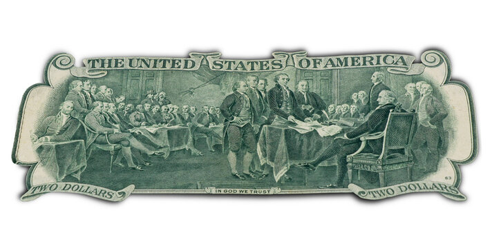 The Reverse Side Of A Two-dollar Bill, Isolated On A White Background. Reproduction Of A Painting Depicting The Adoption Of The Declaration Of Independence.