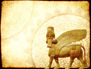 Grunge background with paper texture and lamassu