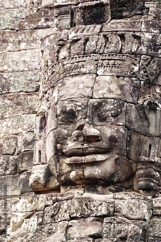 Sticker Giant stone face in Prasat Bayon Temple, Angkor Wat complex, Siem Reap, Cambodia