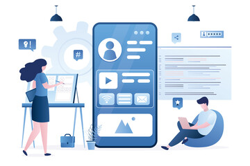 UI designer creates structure of information blocks of mobile app. Male programmer writes application code. Teamwork concept.