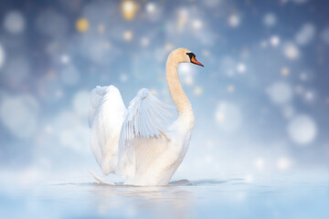 Beautiful white swan swimming in the river