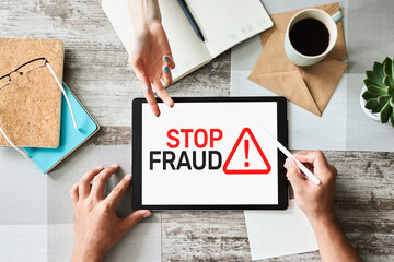 Stop Fraud banner on screen. Cybercrime and internet security concept.