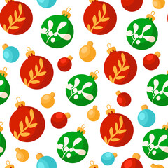 Christmas or New Year seamless pattern or digital paper - decorative festive red, green and yellow balls or bulbs on white background, holiday endless texture for wrapping, textile, scrapbook