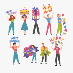 Fototapeta premium Joyful People with Holiday Symbols Set, Happy Birthday Concept Cartoon Style Vector Illustration