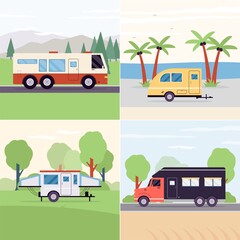 Camping trailers for travel, tourism and adventure during summer vacation.
