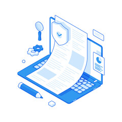 Isometric modern laptop with secured business document