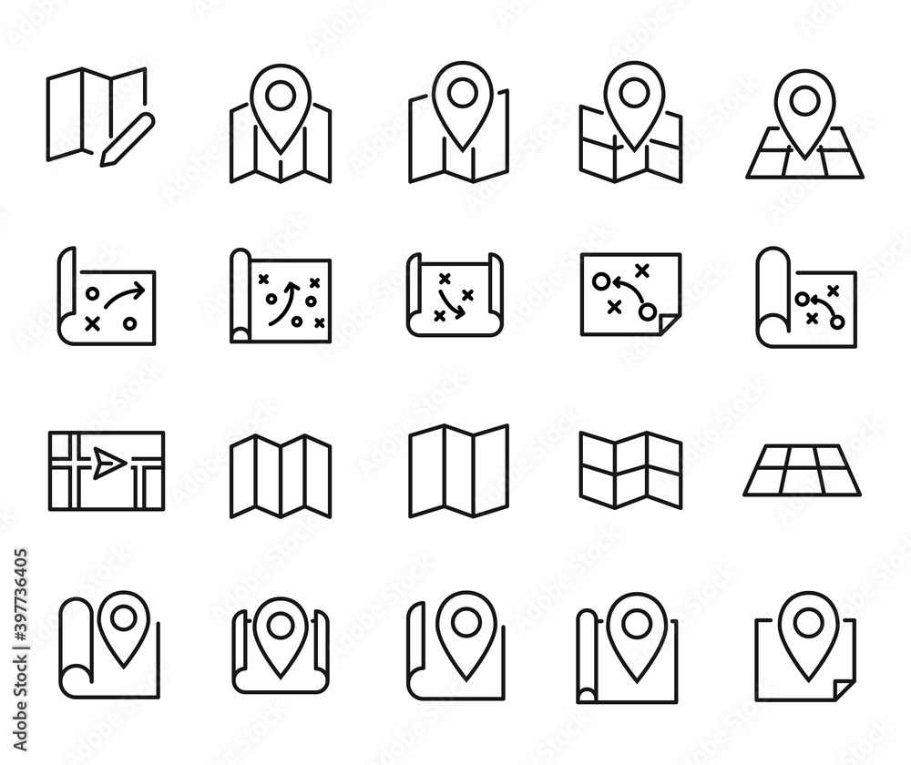 Poster set of map related vector line icons.