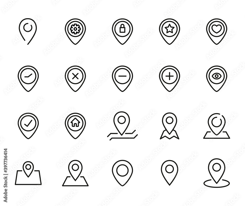 Poster simple set of map pin icons in trendy line style.