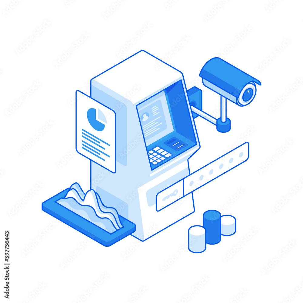 Poster cartoon atm machine with security camera and password icon