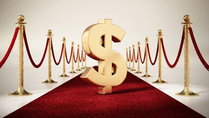 Dollar sign standing on red carpet with velvet ropes on both sides. 3D illustration