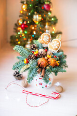 Christmas gingerbread cookies and decorations. Gift and candies. Decoration in cup of tea. 
