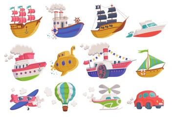 Fototapeta na wymiar Set of cartoon icons of sea, air and land transport a vector illustrations