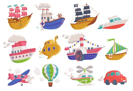 Set of cartoon icons of sea, air and land transport a vector illustrations