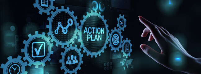 Action plan business strategy development concept on virtual screen.