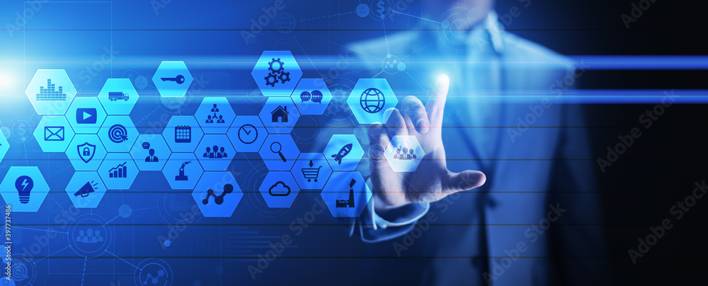 Poster mixed media, business intelligence icons on virtual screen, analysis and big data processing dashboa