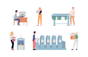 Typography or offset print store employees flat vector illustrations isolated.