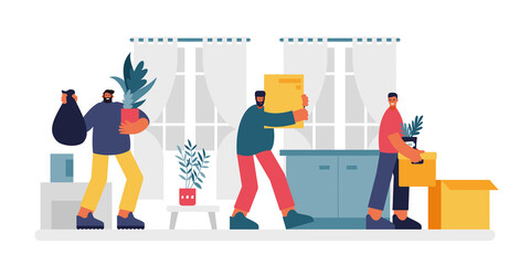 People arrange things in apartment illustration. Three male characters carry boxes things and houseplants.