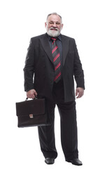 smiling business man with a leather briefcase. isolated on a white