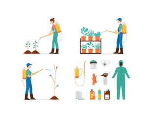 Set of pest exterminators spraying pesticides flat vector illustration isolated.