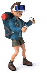 Fun 3D Illustration of a backpacker with a VR Helmet