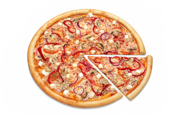 Italian pizza with mushrooms and vegetables, concept for advertising flyer, poster, pizzeria menu....