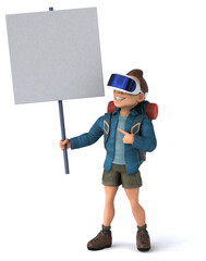 Fun 3D Illustration of a backpacker with a VR Helmet