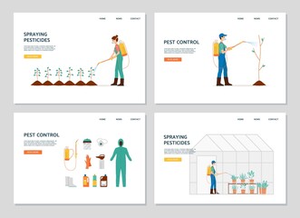 Pest control for gardens and farms web banners set, flat vector illustration.