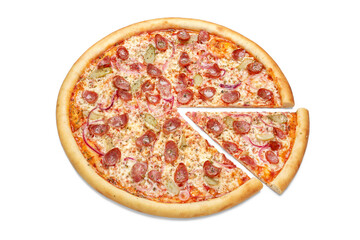 Fresh pizza with onions, cucumber and sausages, a slice of pizza, isolated on a white background....