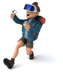 Fun 3D Illustration of a backpacker with a VR Helmet