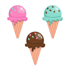 Ice cream cone set. Sweet set, waffle cone. chocolate, strawberry, cream ice cream. Isolated on a white background.