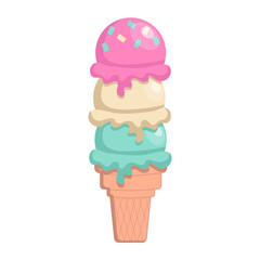 Huge ice cream cone. Big sweet waffle cone. chocolate, strawberry, cream ice cream.Isolated on a white background.