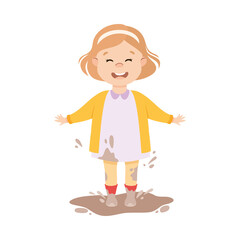 Naughty Child Jumping and Splashing in Mud Puddle Vector Illustration