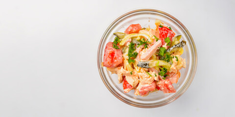 Salad food - mix vegetable salad served in a bowl over white background. Healthy eating, delicious snack or dinner.