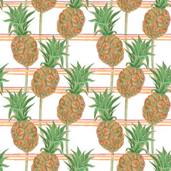 Watercolor painting seamless pattern with pineapple and brush stroke.
