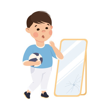 Naughty Child Broken Glass Mirror With Ball Vector Illustration