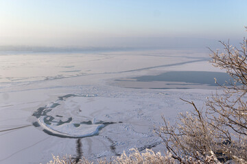 Winter frozen River Volga near Samara. Winter landscape on the bank of river. Russian winter. Soft focus