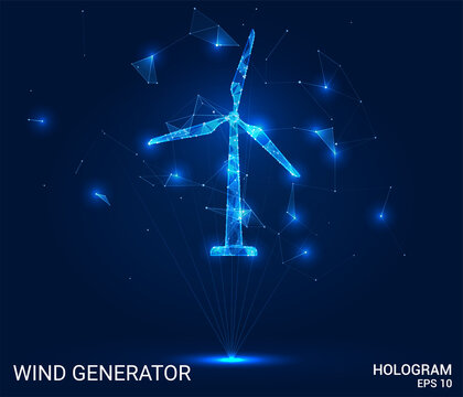 Hologram of a wind generator. A wind generator made up of polygons, triangles, dots and lines. The wind generator is a low-poly compound structure. The technology concept.