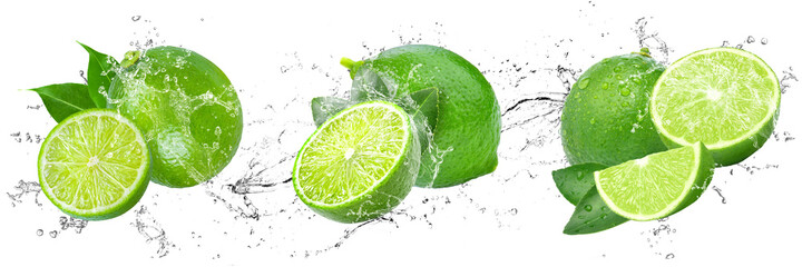 Fresh Limes with water splash on isolated white background