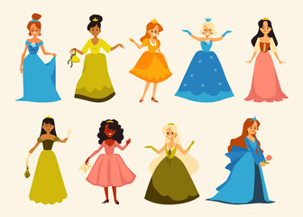 Vector set of characters fairy princesses or girls in royals dresses and crowns.