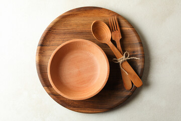 Wooden kitchenware on white background, top view