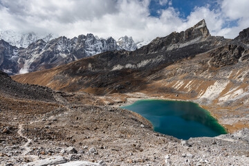 Blue lake view from Renjo la pass in Everest base camp trekking route, Himalaya mountains range, Nepal