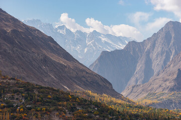 Beautiful autumn season in Hunza valley surrounded by Karakoram mountains range, Gilgit Baltistan, Pakistan
